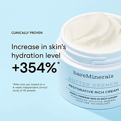 bareMinerals Butter Drench Restorative Rich Cream with 354% hydration increase claim.