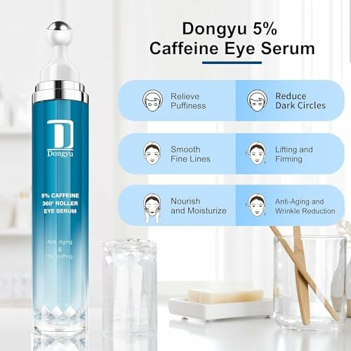 Dongyu 5% Caffeine Eye Serum with benefits listed.