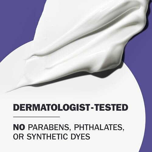 Cream with text: Dermatologist-tested, no parabens, phthalates, or synthetic dyes.