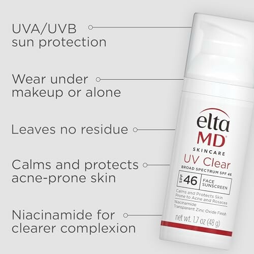 EltaMD UV Clear Broad-Spectrum SPF 46 sunscreen bottle with benefits listed.