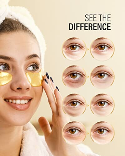 Woman applying gold eye patches with before and after eye comparison.