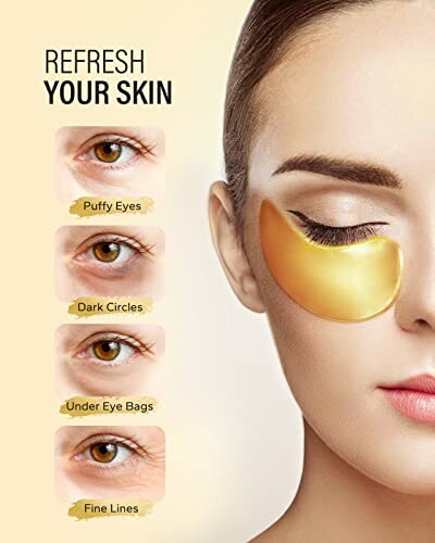 Woman with gold eye mask highlighting benefits for skin.