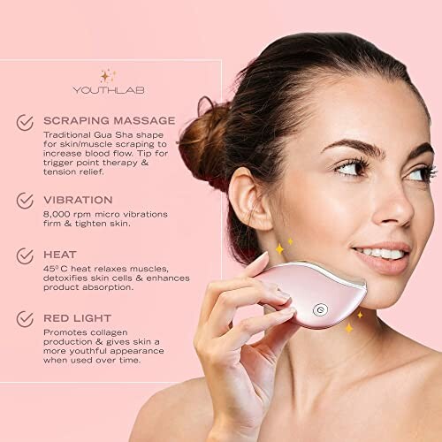 Woman using facial massage device with benefits listed.