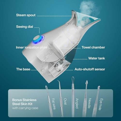 Facial steamer with labeled parts and stainless steel skin kit.
