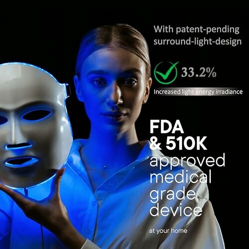 Person holding LED light therapy mask with FDA approval text.
