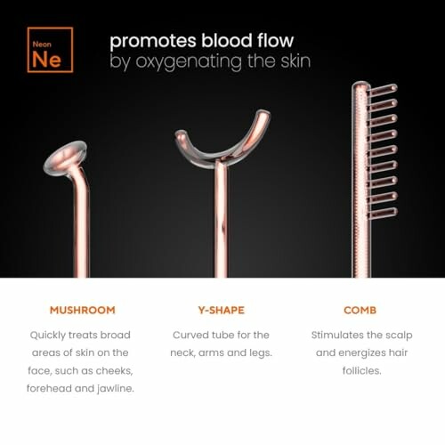 Neon skin therapy tools including mushroom, y-shape, and comb for blood flow promotion.