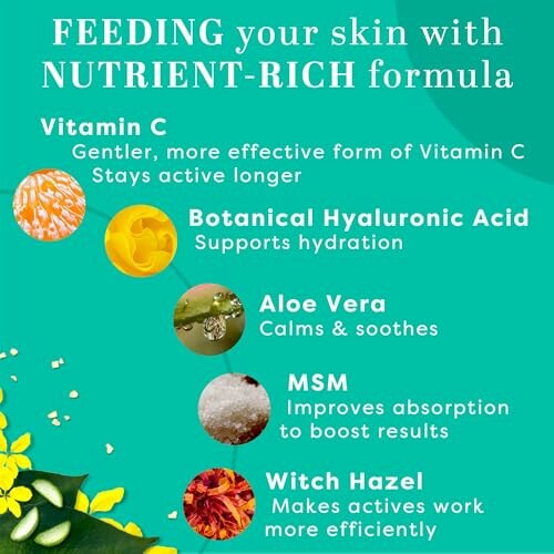 Nutrient-rich formula with Vitamin C, Botanical Hyaluronic Acid, Aloe Vera, MSM, Witch Hazel.