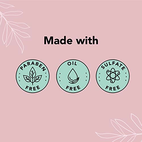 Icons showing paraben-free, oil-free, sulfate-free labels on a pink background.