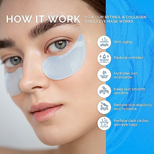 Woman wearing under eye mask with benefits listed.