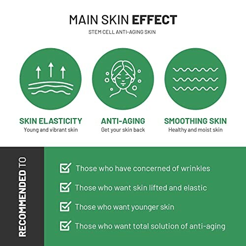 Graphic showing skin elasticity, anti-aging, and smoothing skin benefits.