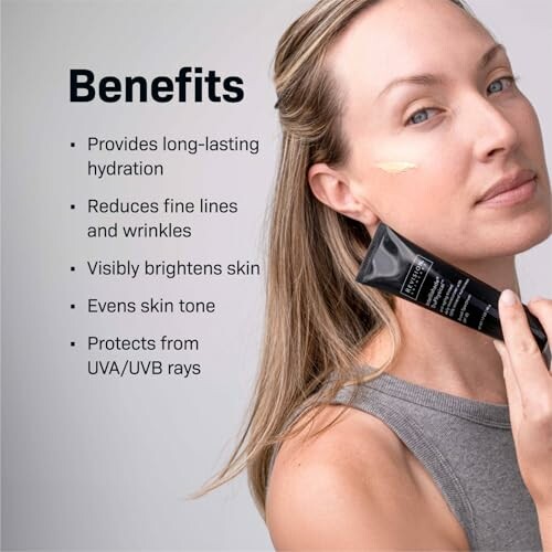 Woman holding skincare product with benefits listed.