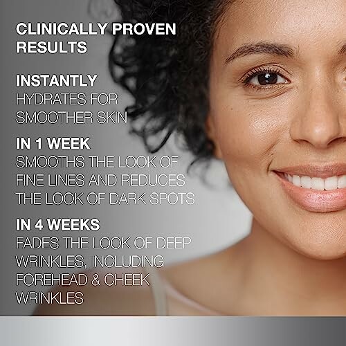 Infographic showing skincare results over time with a smiling woman.