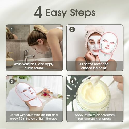Four-step skincare routine with mask and serum application.