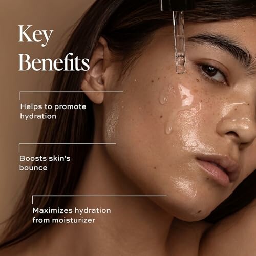 Woman applying serum with a dropper on her face, highlighting key benefits of hydration and skin bounce.