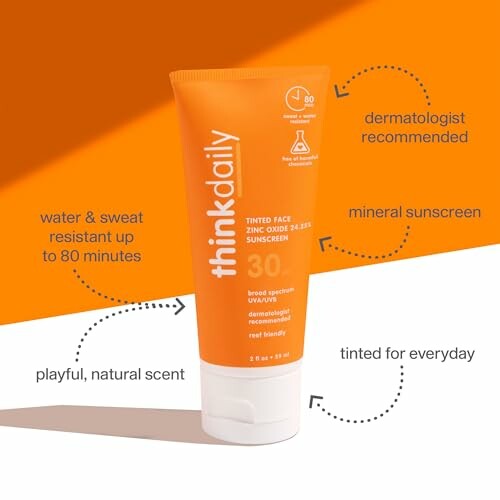 Thinkdaily Tinted Sunscreen for Face tube with features highlighted