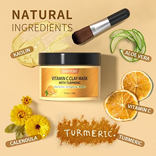 Vitamin C clay mask with turmeric surrounded by ingredients like kaolin, aloe vera, calendula, and orange slices on a beige background.