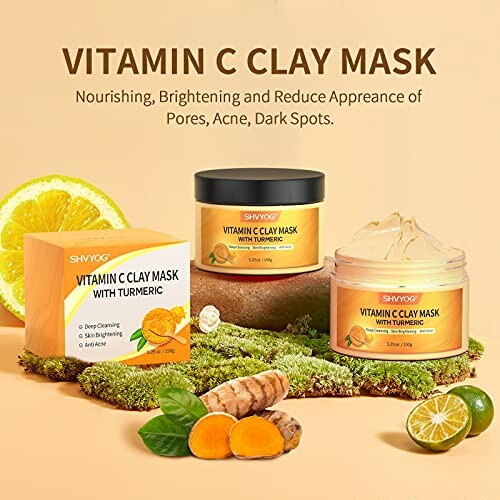 Vitamin C clay mask with turmeric for nourishing and brightening skin.