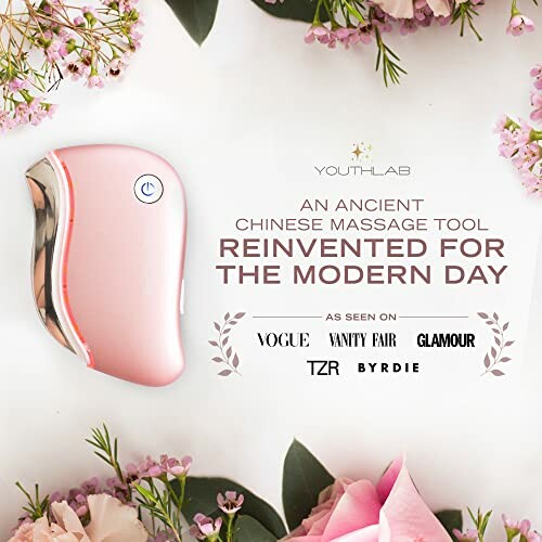 Pink Youthlab massage tool with floral decoration and magazine logos.